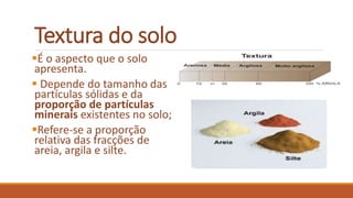 Textura do solo
É o aspecto que o solo
apresenta.
 Depende do tamanho das
partículas sólidas e da
proporção de partículas
minerais existentes no solo;
Refere-se a proporção
relativa das fracções de
areia, argila e silte.
 