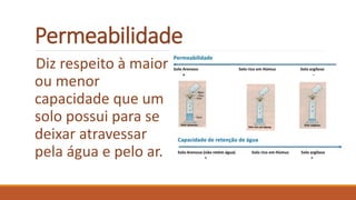 Permeabilidade
Diz respeito à maior
ou menor
capacidade que um
solo possui para se
deixar atravessar
pela água e pelo ar.
 