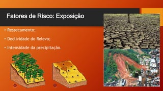 Fatores de Risco: Exposição
• Ressecamento;
• Declividade do Relevo;
• Intensidade da precipitação.
 
