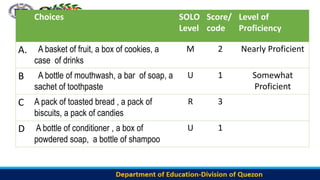 Choices SOLO
Level
Score/
code
Level of
Proficiency
A. A basket of fruit, a box of cookies, a
case of drinks
M 2 Nearly Proficient
B A bottle of mouthwash, a bar of soap, a
sachet of toothpaste
U 1 Somewhat
Proficient
C A pack of toasted bread , a pack of
biscuits, a pack of candies
R 3
D A bottle of conditioner , a box of
powdered soap, a bottle of shampoo
U 1
 