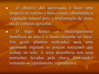  O objetivo das queimadas é fazer uma
limpeza no terreno a baixo custo, eliminando a
vegetação natural para a implantação de pasto
ou de culturas agrícolas.
 O fogo destrói os microrganismos
benéficos ao solo e a fauna existente no local.
Em geral, plantios realizados após uma
queimada esgotam os poucos nutrientes que
restam no solo. A terra descoberta tem seus
nutrientes levados pela chuva (lixiviação)
tornando-se rapidamente improdutiva.
 