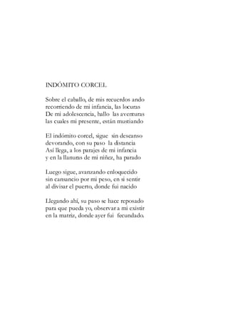 INDÓMITO CORCEL
Sobre el caballo, de mis recuerdos ando
recorriendo de mi infancia, las locuras
De mi adolescencia, hallo las aventuras
las cuales mi presente, están mustiando
El indómito corcel, sigue sin descanso
devorando, con su paso la distancia
Así llega, a los parajes de mi infancia
y en la llanuras de mi niñez, ha parado
Luego sigue, avanzando enloquecido
sin cansancio por mi peso, en si sentir
al divisar el puerto, donde fui nacido
Llegando ahí, su paso se hace reposado
para que pueda yo, observar a mi existir
en la matriz, donde ayer fui fecundado.
 