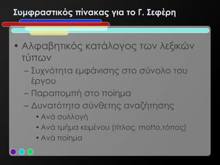 Συμφραστικός πίνακας για το Γ. Σεφέρη


• Αλφαβητικός κατάλογος των λεξικών
  τύπων
  – Συχνότητα εμφάνισης στο σύνολο του
    έργου
  – Παραπομπή στο ποίημα
  – Δυνατότητα σύνθετης αναζήτησης
     • Ανά συλλογή
     • Ανά τμήμα κειμένου (τίτλος, motto,τόπος)
     • Ανά ποίημα
 