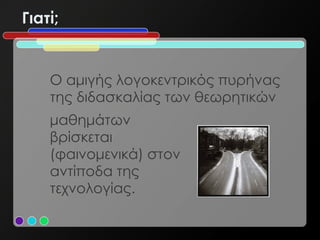 Γιατί;


    Ο αμιγής λογοκεντρικός πυρήνας
    της διδασκαλίας των θεωρητικών
    μαθημάτων
    βρίσκεται
    (φαινομενικά) στον
    αντίποδα της
    τεχνολογίας.
 