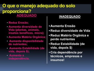 O que o manejo adequado do solo
proporciona?
ADEQUADO

• Reduz Erosão;
• Aumenta diversidade de

Vida (plantas, animais,
insetos benéficos, micro);
• Aumenta Matéria Orgânica;
• Aumenta disponibilidade
de nutrientes;
• Aumenta Estabilidade (de
vida, depois $);
• Aumenta a
independência.

INADEQUADO
 Aumenta Erosão
 Reduz diversidade de Vida
 Reduz Matéria Orgânica e

perde nutrientes
 Reduz Estabilidade (de
vida, depois $)
 Cria dependência por
técnicos, empresas e
insumos!

 