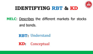 IDENTIFYING RBT & KD
MELC: Describes the different markets for stocks
and bonds.
RBT:
KD:
Understand
Conceptual
 