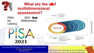 What are the m
o
d
e
l
s
of
multidimensional
assessment?
Figure #: Mathematics Framework of the PISA 2021
PISA 2021 F
r
a
m
e
w
o
r
k
for Mathematics
Literacy
Use of the SOLO Framework in Test Development in the New Normal
Dr. Marilyn Ubiña-Balagtas
December 2021 62
 