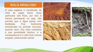 SOLO ARGILOSO
O solo argiloso é constituído de
mais de argila, barro. Suas
partículas são finas, por isso é
menos permeável, ou seja, não
permite que a água passe com
facilidade. Fica facilmente
encharcado no período chuvoso;
quando seco, fica mais compacto
e sua porosidade diminui, e a
consequência é o solo ficar menos
arejado, costumando rachar.
 