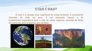 O QUE É SOLO?
O solo é a camada mais superficial da crosta terrestre, é comumente
chamado de chão ou terra. É um elemento natural e de
fundamental importância para a vida de várias espécies, servindo de fonte
de nutrientes para as plantas, por exemplo.
 