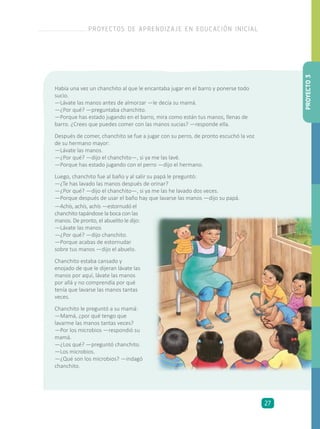Había una vez un chanchito al que le encantaba jugar en el barro y ponerse todo
sucio.
—Lávate las manos antes de almorzar —le decía su mamá.
—¿Por qué? —preguntaba chanchito.
—Porque has estado jugando en el barro, mira como están tus manos, llenas de
barro. ¿Crees que puedes comer con las manos sucias? —responde ella.
Después de comer, chanchito se fue a jugar con su perro, de pronto escuchó la voz
de su hermano mayor:
—Lávate las manos.
—¿Por qué? —dijo el chanchito—, si ya me las lavé.
—Porque has estado jugando con el perro —dijo el hermano.
Luego, chanchito fue al baño y al salir su papá le preguntó:
—¿Te has lavado las manos después de orinar?
—¿Por qué? —dijo el chanchito—, si ya me las he lavado dos veces.
—Porque después de usar el baño hay que lavarse las manos —dijo su papá.
—Achís, achís, achís —estornudó el
chanchito tapándose la boca con las
manos. De pronto, el abuelito le dijo:
—Lávate las manos
—¿Por qué? —dijo chanchito.
—Porque acabas de estornudar
sobre tus manos —dijo el abuelo.
Chanchito estaba cansado y
enojado de que le dijeran lávate las
manos por aquí, lávate las manos
por allá y no comprendía por qué
tenía que lavarse las manos tantas
veces.
Chanchito le preguntó a su mamá:
—Mamá, ¿por qué tengo que
lavarme las manos tantas veces?
—Por los microbios —respondió su
mamá.
—¿Los qué? —preguntó chanchito.
—Los microbios.
—¿Qué son los microbios? —indagó
chanchito.
PROYECTO3
PROYECTOS DE APRENDIZAJE EN EDUCACIÓN INICIAL
27
 