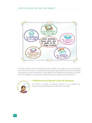 Los niños proponen diversos objetos para que el jabón no se caiga al piso; sus propuestas
tienen en común buscar un recipiente que contenga el jabón para evitar que este se resbale.
La docente les propuso comprobar si cada objeto mencionado evita que el jabón se resbale.
Los niños aceptaron la propuesta y acordaron buscar los objetos que mencionaron.
• Reflexiones de la docente y toma de decisiones
Al finalizar la jornada, la docente registró en su cuaderno las
situaciones de aprendizaje que se dieron con los niños.
¿SOLO CON AGUA ME LAVO LAS MANOS?
34
 