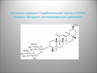 Молекула содержит 3 карбоксильные группы (-COOH),
которые обладают противовирусным действием.
 