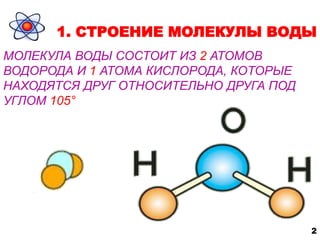 1. СТРОЕНИЕ МОЛЕКУЛЫ ВОДЫ 
МОЛЕКУЛА ВОДЫ СОСТОИТ ИЗ 2 АТОМОВ 
ВОДОРОДА И 1 АТОМА КИСЛОРОДА, КОТОРЫЕ 
НАХОДЯТСЯ ДРУГ ОТНОСИТЕЛЬНО ДРУГА ПОД 
УГЛОМ 105° 
2 
 