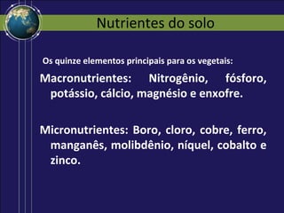 Nutrientes do solo

Os quinze elementos principais para os vegetais:
Macronutrientes: Nitrogênio, fósforo,
 potássio, cálcio, magnésio e enxofre.

Micronutrientes: Boro, cloro, cobre, ferro,
 manganês, molibdênio, níquel, cobalto e
 zinco.
 