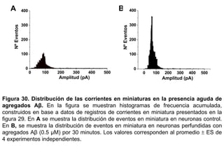 A B Figura 30.   Distribución de las corrientes en miniaturas en la presencia aguda de agregados Aβ.  En la figura se muestran histogramas de frecuencia acumulada, construidos en base a datos de registros de corrientes en miniatura presentados en la figura 29 .  En  A  se muestra la distribución de eventos en miniatura en neuronas control. En  B,  se muestra la distribución de eventos en miniatura en neuronas perfundidas con agregados Aβ  (0.5 µM)  por 30 minutos .  Los valores corresponden al promedio    ES de 4 experimentos independientes. 