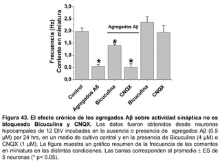 Figura 43.   El efecto crónico de los agregados Aβ sobre actividad sináptica no es bloqueado Bicuculina y CNQX.  Los datos fueron obtenidos desde neuronas hipocampales de 12 DIV incubadas en la ausencia o presencia de  agregados Aβ (0.5 µM) por 24 hrs, en un medio de cultivo control y en la presencia de Bicuculina (4 µM) o CNQX (1 µM). La figura muestra un gráfico resumen de la frecuencia de las corrientes en miniatura en las distintas condiciones. Las barras corresponden al promedio    ES de 5 neuronas (* p< 0.05).  