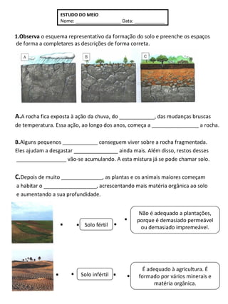ESTUDO DO MEIO
                 Nome: __________________ Data: ____________


1.Observa o esquema representativo da formação do solo e preenche os espaços
de forma a completares as descrições de forma correta.




A.A rocha fica exposta à ação da chuva, do ____________, das mudanças bruscas
de temperatura. Essa ação, ao longo dos anos, começa a ________________ a rocha.

B.Alguns pequenos ____________ conseguem viver sobre a rocha fragmentada.
Eles ajudam a desgastar _______________ ainda mais. Além disso, restos desses
_________________ vão-se acumulando. A esta mistura já se pode chamar solo.


C.Depois de muito ______________, as plantas e os animais maiores começam
a habitar o __________________, acrescentando mais matéria orgânica ao solo
e aumentando a sua profundidade.


                                                 Não é adequado a plantações,
                                                porque é demasiado permeável
                           Solo fértil            ou demasiado impremeável.




                                                   É adequado à agricultura. É
                          Solo infértil          formado por vários minerais e
                                                        matéria orgânica.
 