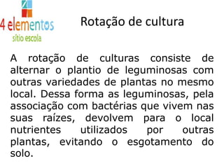 AdubaçãoOrgânica: esterco, farinha de osso, folhas, galhos enterrados.AdubaçãoInorgânica ou minerais: substâncias químicas são aplicadas, como nitrato de sódio, um tipo de sal.Rotação de culturaA rotação de culturas consiste de alternar o plantio de leguminosas com outras variedades de plantas no mesmo local. Dessa forma as leguminosas, pela associação com bactérias que vivem nas suas raízes, devolvem para o local nutrientes utilizados por outras plantas, evitando o esgotamento do solo.