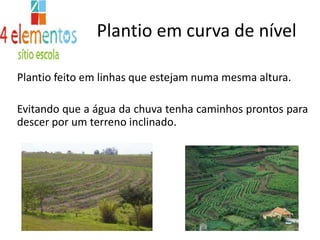 Plantio em curva de nívelPlantio feito em linhas que estejam numa mesma altura.Evitando que a água da chuva tenha caminhos prontos para descer por um terreno inclinado.
