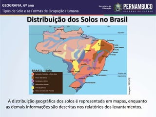 Distribuição dos Solos no Brasil
A distribuição geográfica dos solos é representada em mapas, enquanto
as demais informações são descritas nos relatórios dos levantamentos.
GEOGRAFIA, 6º ano
Tipos de Solo e as Formas de Ocupação Humana
Imagem:
SEE-PE
 