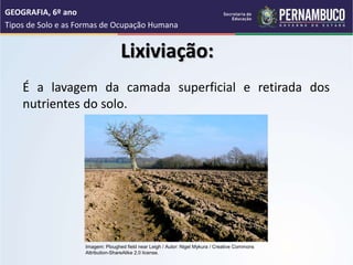 Lixiviação:
É a lavagem da camada superficial e retirada dos
nutrientes do solo.
GEOGRAFIA, 6º ano
Tipos de Solo e as Formas de Ocupação Humana
Imagem: Ploughed field near Leigh / Autor: Nigel Mykura / Creative Commons
Attribution-ShareAlike 2.0 license.
 