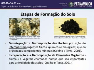 Etapas de Formação do Solo
• Desintegração e Decomposição das Rochas por ação do
intemperismo (agentes físicos, químicos e biológicos) que dá
origem aos componentes minerais (Coelho e Terra, 2001).
• Incorporação e a Decomposição de Elementos Orgânicos -
animais e vegetais chamados húmus que são importantes
para a fertilidade dos solos (Coelho e Terra, 2001).
GEOGRAFIA, 6º ano
Tipos de Solo e as Formas de Ocupação Humana
Imagem: Minerais de enxofre em Mount Yake / Autor:
Alpsdake / Creative Commons Attribution-Share Alike
3.0 Unported.
Imagem: Solo solto na mesa / Autor: Theornamentalist
Creative Commons Attribution-Share Alike 3.0 Unported.
 