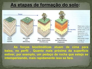 As etapas de formação do solo:

As forças bioclimáticas atuam de cima para
baixo, no perfil . Quanto mais próxima da superfície
estiver, por exemplo, um pedaço de rocha que esteja se
intemperizando, mais rapidamente isso se fará.

 