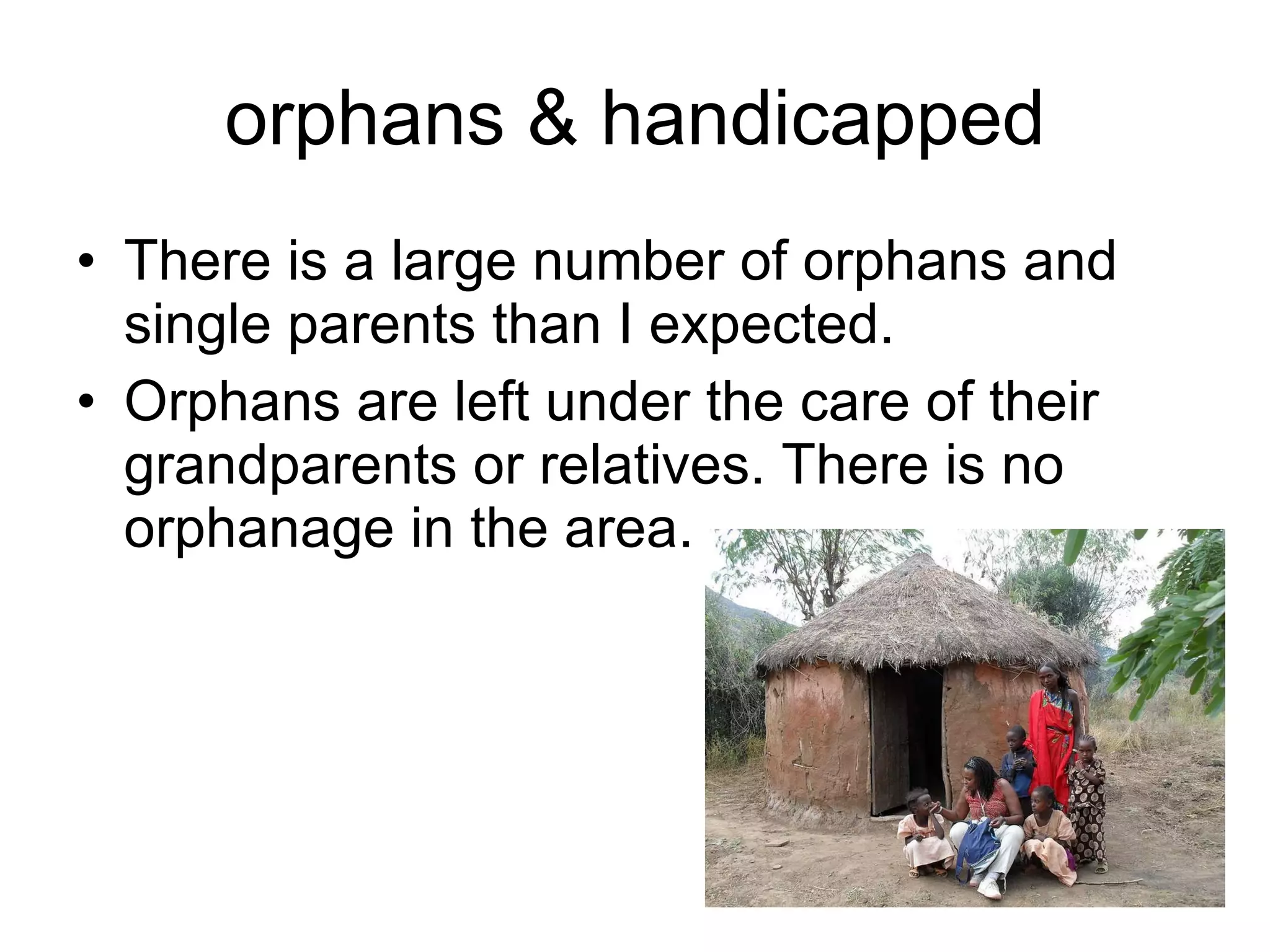 orphans & handicapped There is a large number of orphans and single parents than I expected. Orphans are left under the care of their grandparents or relatives. There is no orphanage in the area. 