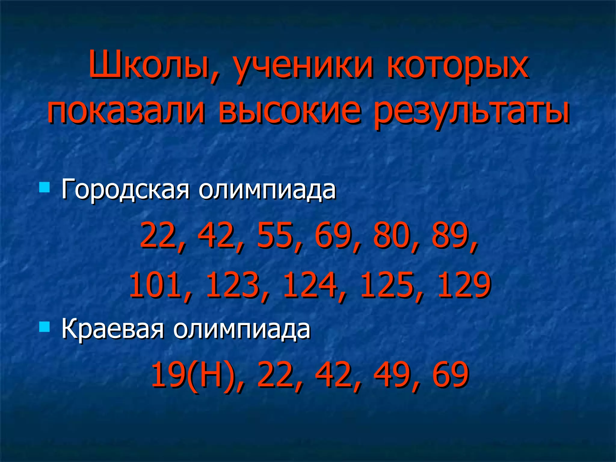 Школы, ученики которых показали высокие результаты Городская олимпиада 22, 42, 55, 69, 80, 89, 101, 123, 124, 125, 129 Краевая олимпиада 19(Н), 22, 42, 49, 69 