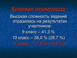 Краевая олимпиада Высокая сложность заданий отразилась на результатах участников: 9 класс – 41,3 % 10 класс – 38,0 % (28,7 %) 11 класс – 17,0 % (14,0 %) 