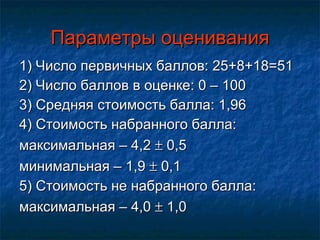 Параметры оценивания 1) Число первичных баллов: 25+8+18=51 2) Число баллов в оценке: 0 – 100 3) Средняя стоимость балла: 1,96 4) Стоимость набранного балла: максимальная – 4,2    0,5 минимальная – 1,9    0,1 5) Стоимость не набранного балла: максимальная – 4,0    1,0 