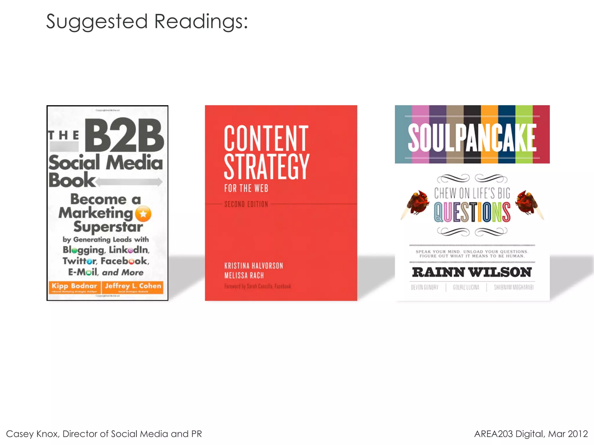 Suggested Readings:




Casey Knox, Director of Social Media and PR   AREA203 Digital, Mar 2012
 