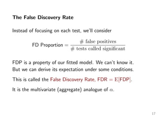 The False Discovery Rate
Instead of focusing on each test, we’ll consider
FD Proportion =
# false positives
# tests called signiﬁcant
FDP is a property of our ﬁtted model. We can’t know it.
But we can derive its expectation under some conditions.
This is called the False Discovery Rate, FDR = E[FDP].
It is the multivariate (aggregate) analogue of α.
17
 