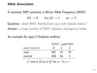 Allele Association
A common SNP summary is Minor Allele Frequency (MAF):
AA → 0 Aa/aA → 1 aa → 2
Question: which MAF distributions vary with disease status?
Answer: a huge number of MAF×disease contingency tables.
An example for type-2 Diabetes mellitus:
MAF: rs6577581
dm2 status 0 1 2
case 357 72 27
control 428 54 1
χ2 stat is 32 on 2 df for p = 9×10−8
22
 