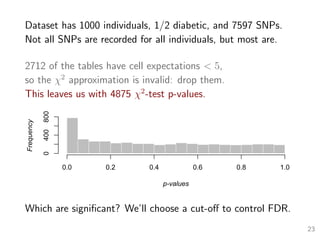 Dataset has 1000 individuals, 1/2 diabetic, and 7597 SNPs.
Not all SNPs are recorded for all individuals, but most are.
2712 of the tables have cell expectations < 5,
so the χ2
approximation is invalid: drop them.
This leaves us with 4875 χ2
-test p-values.
p-values
Frequency
0.0 0.2 0.4 0.6 0.8 1.0
0400800
Which are signiﬁcant? We’ll choose a cut-oﬀ to control FDR.
23
 