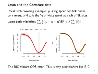 Lasso and the Comscore data
Recall web browsing example: y is log spend for 60k online
consumers, and x is the % of visits spent at each of 8k sites.
Lasso path minimizes i
1
2
(yi − α − x β)2
+ λ j |βj|.
−10 −8 −6 −4 −2
2.62.83.03.23.4
log(Lambda)
Mean−SquaredError
qqq
q
q
q
q
q
q
q
q
q
q
q
q
q
q
q
q
qqqqqqqqqqqqqqqqqqqq
q
q
q
q
q
q
q
q
q
q
q
q
q
q
q
q
q
q
q
q
q
q
q
q
q
qqqqqqqqqqqqqqqqqqqqqqqqqqqqqqqqqqqq
8216 8005 6843 2488 142 10
qqqqqqqqqqqqqqqqqqqqqqqqqqqqqqqqqqqqqq
q
q
q
q
q
q
q
q
q
q
q
q
q
q
qqqqqqqqqqqqqqqqqqqqqqqqqqqqqqqqqqqqqqqqqqqqqqqq
−10 −8 −6 −4 −2−20000020000
log(Lambda)
BIC
The BIC mirrors OOS error. This is why practitioners like BIC.
47
 