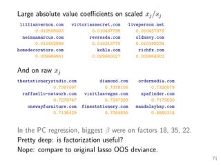 Large absolute value coeﬃcients on scaled xj/sj
lillianvernon.com victoriassecret.com liveperson.net
0.010568003 0.010467798 0.010457976
neimanmarcus.com revresda.com oldnavy.com
0.010402899 0.010313770 0.010199234
homedecorators.com kohls.com richfx.com
0.009989661 0.009960027 0.009864902
And on raw xj
thestationerystudio.com diamond.com ordermedia.com
0.7397097 0.7378156 0.7320079
raffaello-network.com visitlasvegas.com spafinder.com
0.7279747 0.7247268 0.7170530
onewayfurniture.com finestationery.com mandalaybay.com
0.7136429 0.7064830 0.6880314
In the PC regression, biggest β were on factors 18, 35, 22.
Pretty deep: is factorization useful?
Nope: compare to original lasso OOS deviance.
71
 