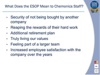 What Does the ESOP Mean to Chemonics Staff?
• Security of not being bought by another
company
• Reaping the rewards of their hard work
• Additional retirement plan
• Truly living our values
• Feeling part of a larger team
• Increased employee satisfaction with the
company over the years
21
 