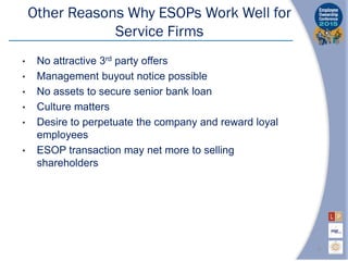 Other Reasons Why ESOPs Work Well for
Service Firms
• No attractive 3rd party offers
• Management buyout notice possible
• No assets to secure senior bank loan
• Culture matters
• Desire to perpetuate the company and reward loyal
employees
• ESOP transaction may net more to selling
shareholders
5
 