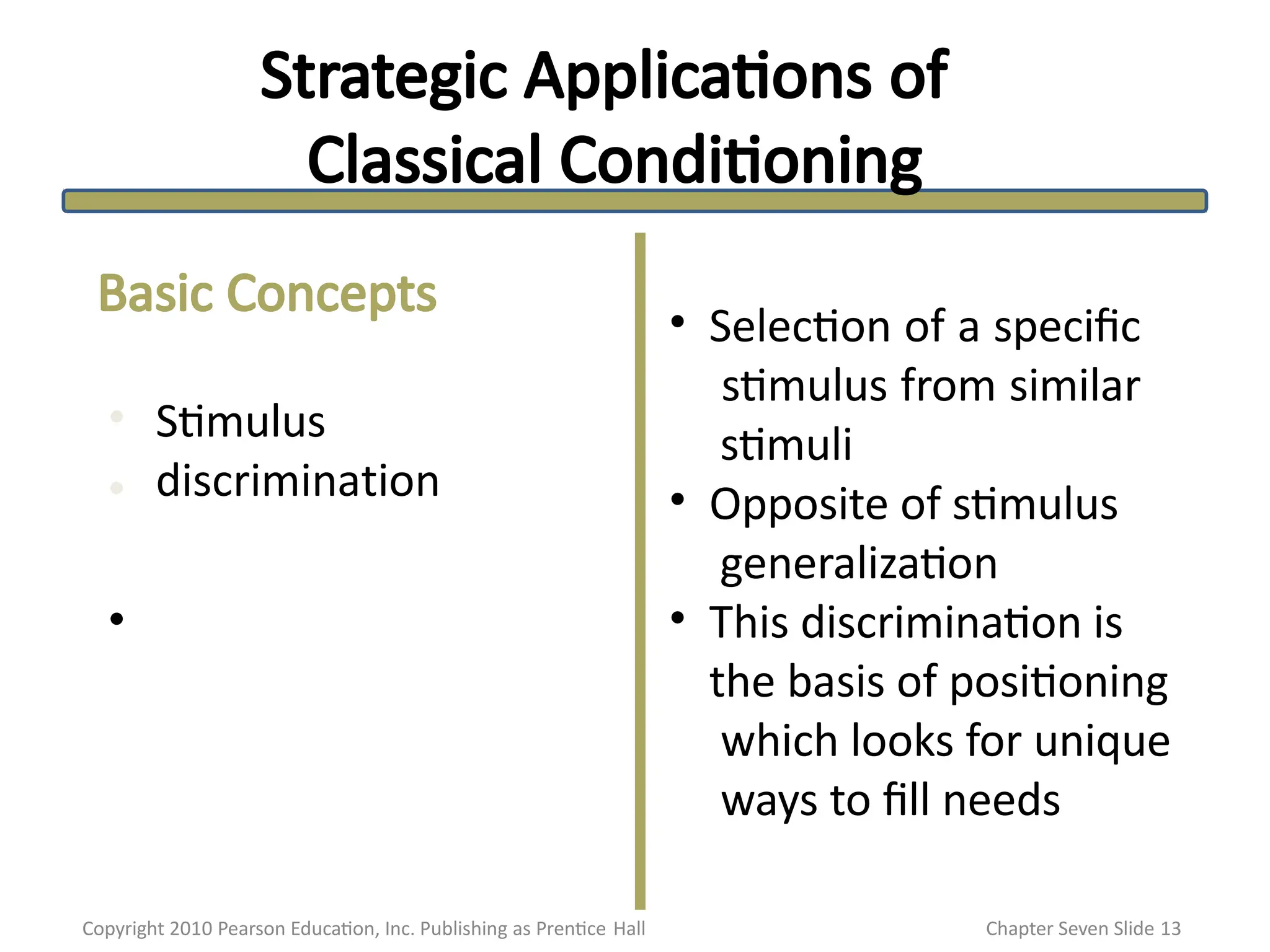 Strategic Applications of
Classical Conditioning
•
•
•
Stimulus
discrimination
• Selection of a specific
stimulus from similar
stimuli
• Opposite of stimulus
generalization
• This discrimination is
the basis of positioning
which looks for unique
ways to fill needs
Basic Concepts
Copyright 2010 Pearson Education, Inc. Publishing as Prentice Hall Chapter Seven Slide 13
 