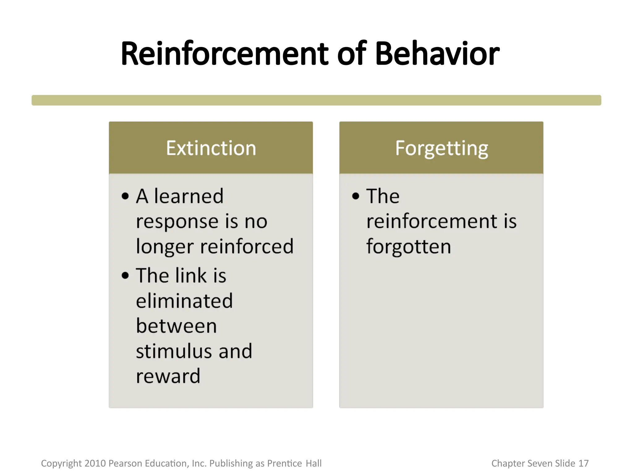 Reinforcement of Behavior
Copyright 2010 Pearson Education, Inc. Publishing as Prentice Hall Chapter Seven Slide 17
 