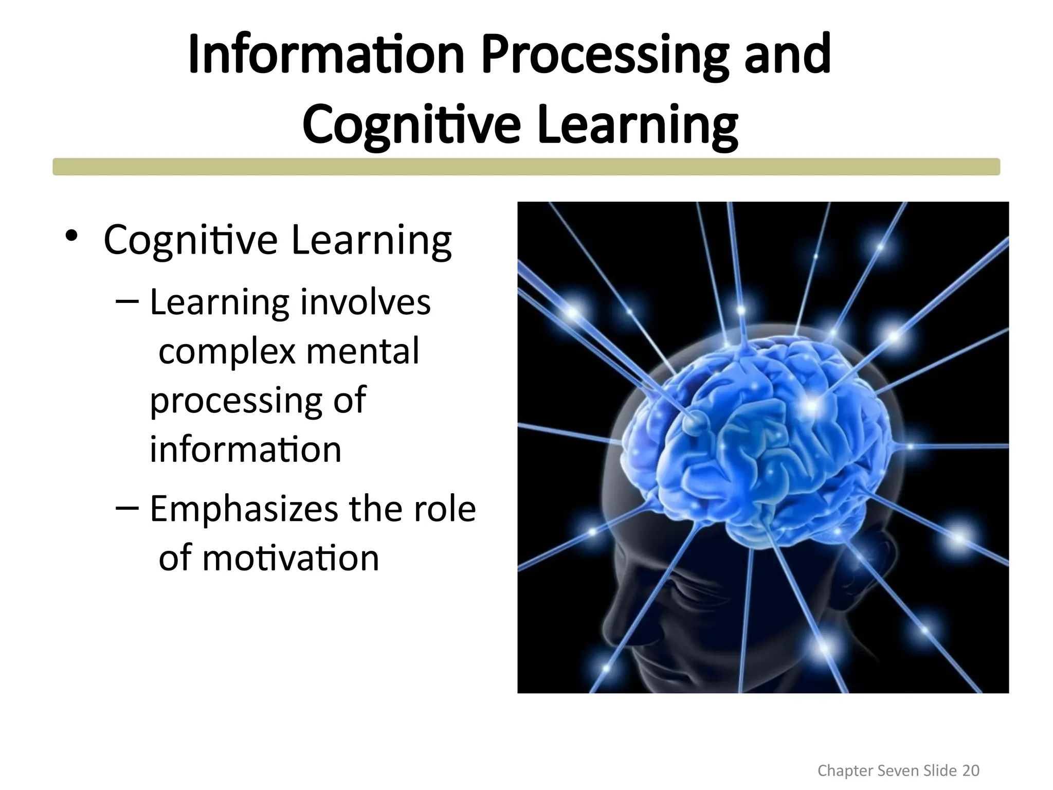 Information Processing and
Cognitive Learning
• Cognitive Learning
– Learning involves
complex mental
processing of
information
– Emphasizes the role
of motivation
Chapter Seven Slide 20
 