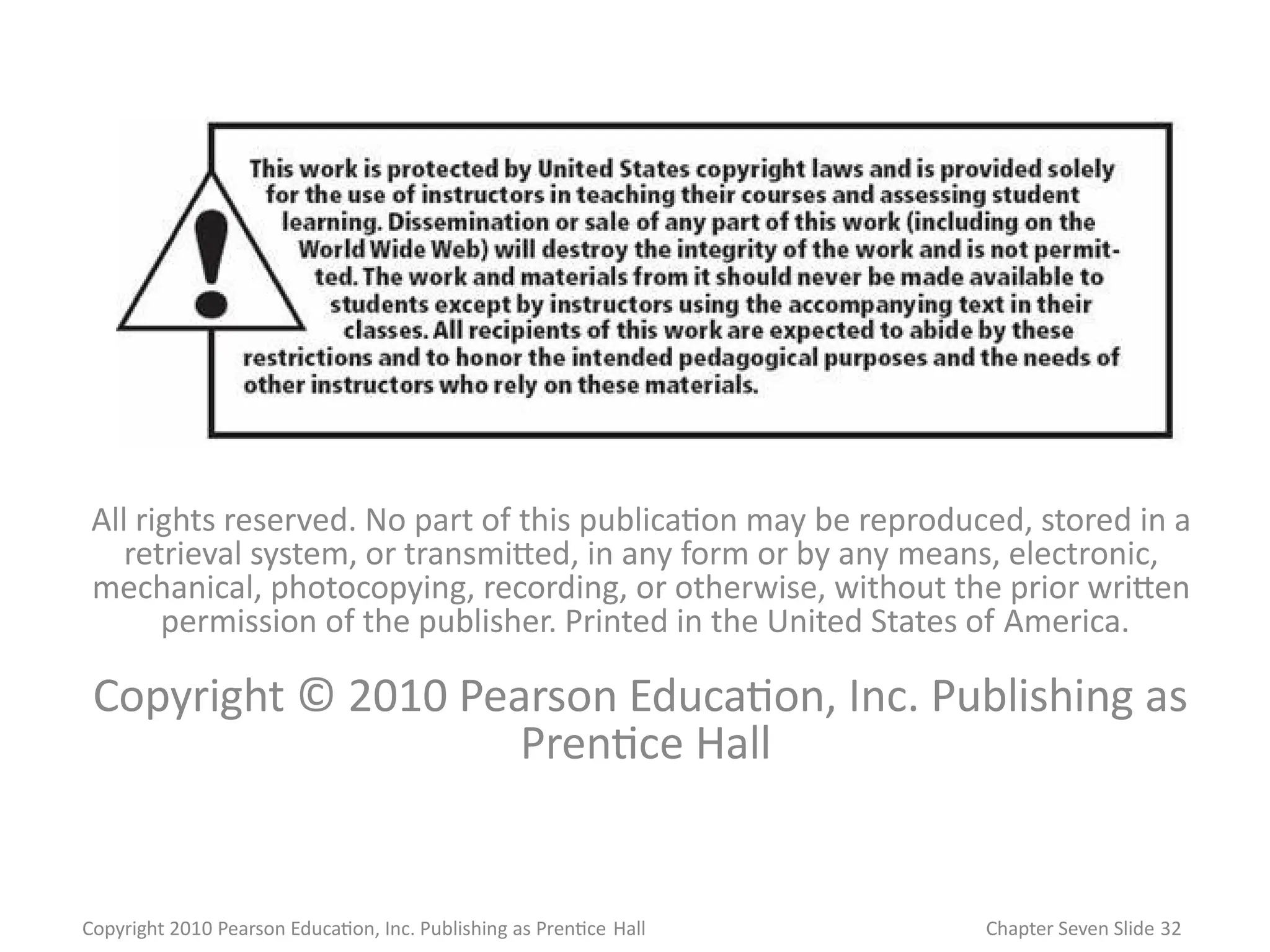 All rights reserved. No part of this publication may be reproduced, stored in a
retrieval system, or transmitted, in any form or by any means, electronic,
mechanical, photocopying, recording, or otherwise, without the prior written
permission of the publisher. Printed in the United States of America.
Copyright © 2010 Pearson Education, Inc. Publishing as
Prentice Hall
Copyright 2010 Pearson Education, Inc. Publishing as Prentice Hall Chapter Seven Slide 32
 