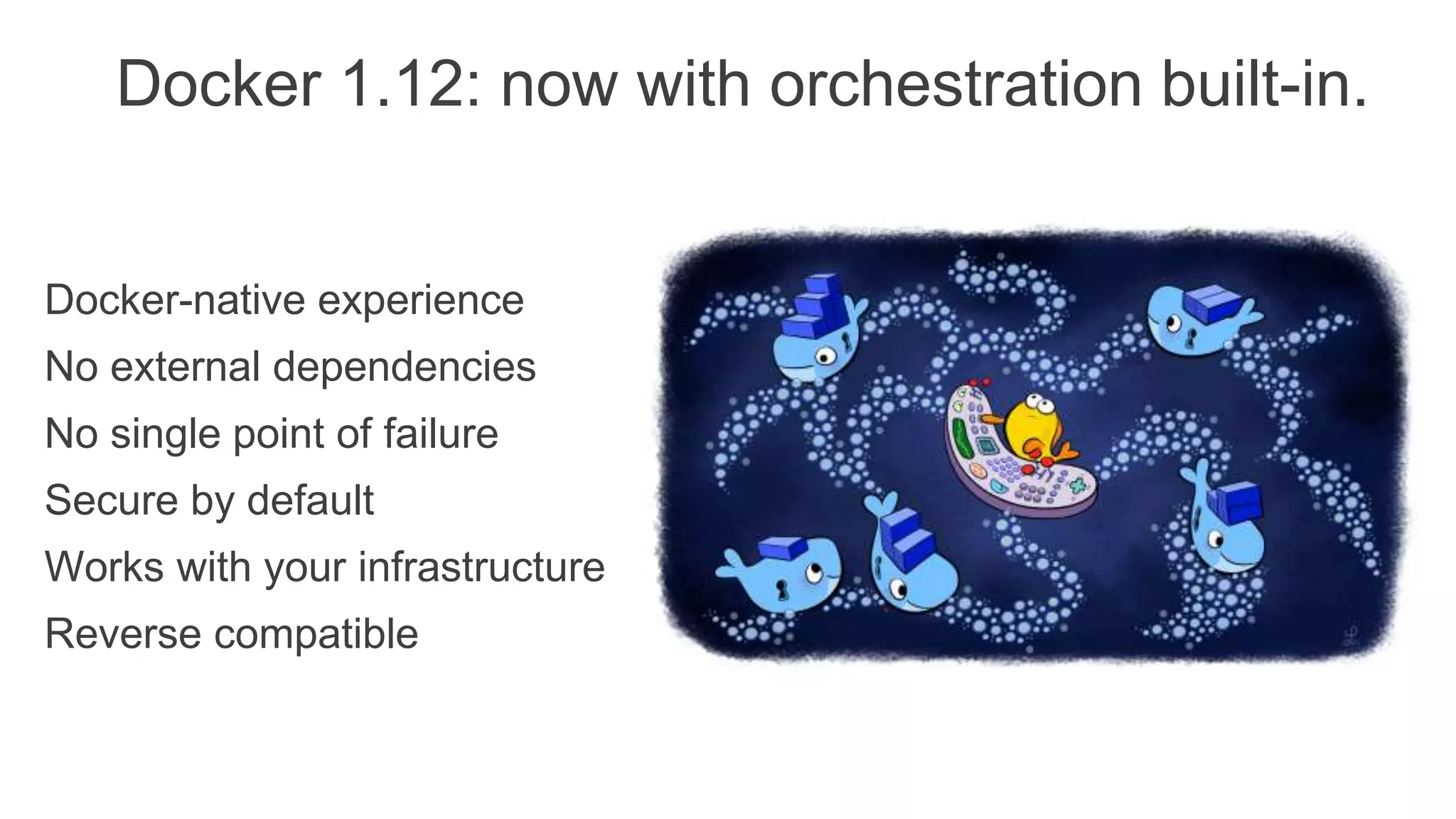 Docker-native experience
No external dependencies
No single point of failure
Secure by default
Works with your infrastructure
Reverse compatible
Docker 1.12: now with orchestration built-in.
 