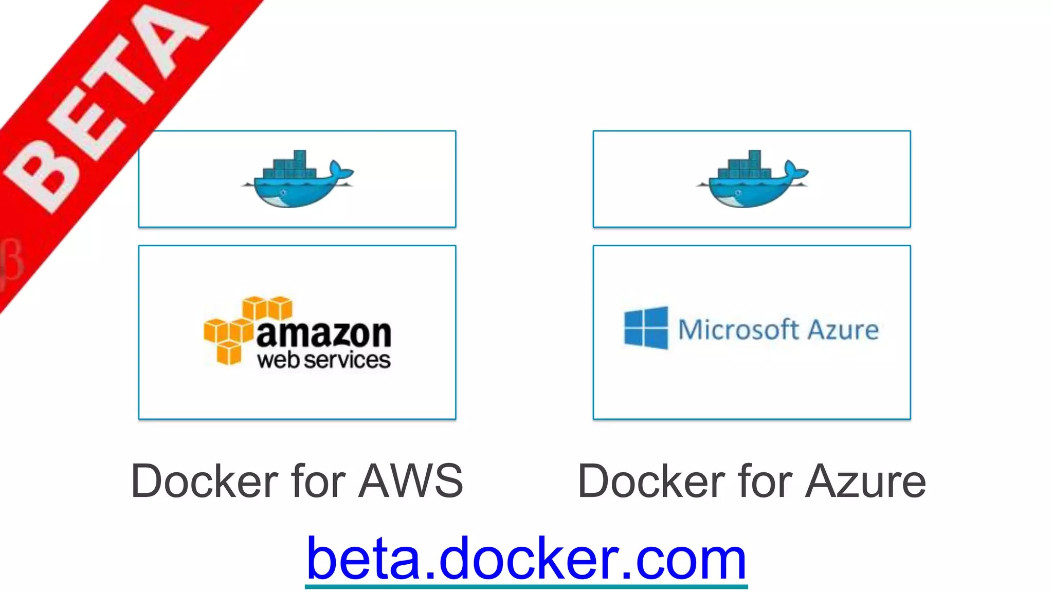 beta.docker.com
Docker for AWS Docker for Azure
 