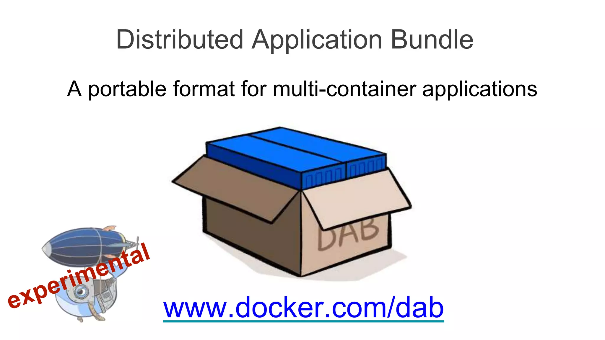 Distributed Application Bundle
www.docker.com/dab
A portable format for multi-container applications
 