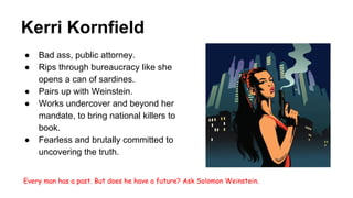 Kerri Kornfield
● Bad ass, public attorney.
● Rips through bureaucracy like she
opens a can of sardines.
● Pairs up with Weinstein.
● Works undercover and beyond her
mandate, to bring national killers to
book.
● Fearless and brutally committed to
uncovering the truth.
Every man has a past. But does he have a future? Ask Solomon Weinstein.
 