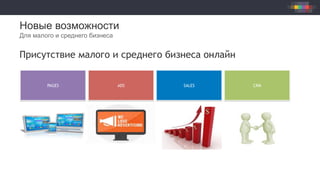 Новые возможности
Для малого и среднего бизнеса
Присутствие малого и среднего бизнеса онлайн
PAGES ADS SALES CRM
 