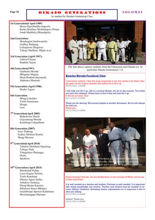 Page 18 OIKADO GENERATIONS
As marked by Shodan Graduating Class
S O L O M Z I
1st Generation(6 April 1989)
Moses Kgosibodiba (topsoil),
Ranko Boniface Motlalekgosi (Ninja)
Jonah Madibela (Mmadipela)
2nd Generation:
Motshegetsi Setshwantsho
Godfrey Radijeng
Letlogetswe Mogorosi
Tebogo Matlhare, Mtjale et al.
3rd Generation (April 199?):
Gabriel Chuma
Bophelo Sejeso
4th Generation(199?)
Gaabadzo Moseki
Mbiganyi Magina
Mosa Ibrahim (deceased)
Alphonce Mmereki
5th Generation (April 1998);
Modiri Tagwa
6th Generation
Moagi Lekalake
Violet Simanyana
Moago
Lore
7th
Generation(April 2005)
Butholezwe Oitsile
Gojesamang Mmutle
Kealeboga Lekgatlhane
8th Generation (2007)
Jerry Thabeng
Sydney Mothusi Boatile
Moagi Mosime
9th
Generation(April 2010)
Tshidiso Molebatsi Ogotseng
Tebogo Tladi
Tshegofatso Phalaagae
Otsile,
Speakson
10th
Generation (April 2015)
Baitsholedi Kahaa,
Loeto Kagiso Sefemo,
Tirelo Rantikane
Ofentse Agree Setiko,
Aobakwe Seokana,
Oteng Master Katonto,
Sibudzani Basco Mbulayi
Gaolatheope Spencer Kudumane
Mosimanegape Maroane
The foto above capture students from the Fukayama and Oikado era. In
particular Oikado Generations 1-8.
L-R: Shihan Seokana Soccer Seokana, Kyoshi Moses Kgosibodiba,
Hanshi Dr. Patrick Makgabenyana, Sensei Lameck Nthekela and
Shihan Gaabadzo Moseki. Hanshi and I seem to be in agreement on the
next generation of Oikado Leadership.
Kancho/Kyoshi Facebook Chat
I have been robbed. I feel this huge emptiness in me that needs to be filled. Han-
shi gave me the 'empty calabash and tasked me to fill it up. . .
09/07/2015 1:56PM
I will help you fill it up. Life is a journey Sensei, we all on this journey. You lucky
you have the calabash. Others have to find it first and then fill it up.
It will be an honor. Osu!
09/13/2015 3:27PM
Thank you for sharing. His journey begins in another dimension. But he will always
be with you.
Thank you.
09/15/2015 9:44PM
Good evening! I did ask, can you kindly share on the concept of 'Hihyo' and its use
in dojo instruction.
It is well needed as a teacher and student. Criticism is well needed. It is important
also whose knowledge you receive. Teacher and student must be humble to re-
ceive (Hihyo) Guidance. Revisiting basics, adjustments etc is important if that is
what you asking.
09/16/2015 6:06AM
Indeed. Thank you.
10/07/2015 6:00PM
 