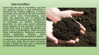 Solo humífero
Outro tipo de solo é o humífero, que tem
um aspecto escuro, o que demonstra a
existência de matéria orgânica, o húmus,
tornando este solo fértil. No solo humífero
vivem seres vivos microscópicos, quer
dizer, tão pequenos que só podem ser
vistos pelo microscópio, que transformam
os nutrientes, ou melhor, substâncias
presentes no solo, para serem utilizadas
pelos vegetais na sua nutrição. O húmus é
muito bom para o cultivo de plantas em
geral e para a jardinagem. Além de seres
vivos microscópicos, podemos encontrar
outros pequenos animais, como
minhocas, tatuzinhos de jardim e outros.
O calcário é um componente fundamental
no solo pois, além de um bom nutriente,
corrige a acidez do solo, que é prejudicial
ao desenvolvimento das plantas.
 